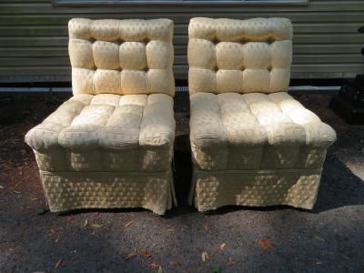  William Haines Inc Fabulous Pair Billy Haines Style Biscuit Tufted Slipper Chairs Hollywood Regency