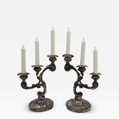  William Leuchars Leuchars English 1889 Pair of 3 Light Sterling Silver Candelabra in Rococo Style