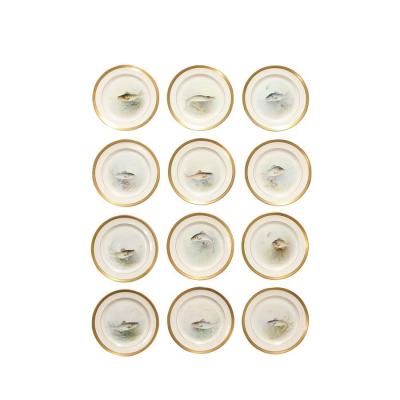  William Morley Set of Twelve Hand Painted Lenox Porcelain Fish Plates signed William Morley