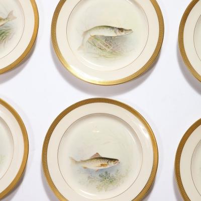  William Morley Set of Twelve Hand Painted Lenox Porcelain Fish Plates signed William Morley