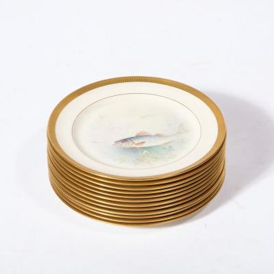  William Morley Set of Twelve Hand Painted Lenox Porcelain Fish Plates signed William Morley