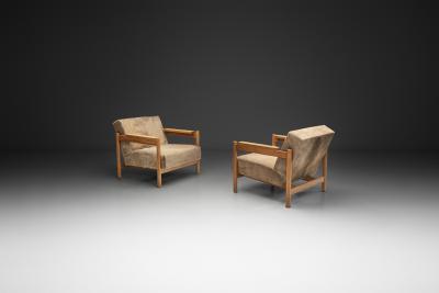 Wim Den Boon Pair of Oak Armchairs in Ponyskin by Wim den Boon the Netherlands 1960s