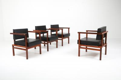  Wim Den Boon Wim Den Boon Executive Chairs in Black Leather and Rosewood 1950s