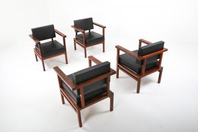  Wim Den Boon Wim Den Boon Executive Chairs in Black Leather and Rosewood 1950s