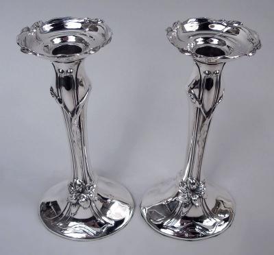  Woodside Sterling Co Pair of Antique American Art Nouveau Sterling Silver Candlesticks