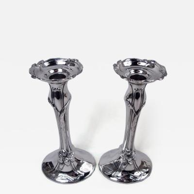 Woodside Sterling Co Pair of Antique American Art Nouveau Sterling Silver Candlesticks