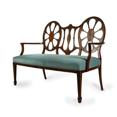  Wright and Mansfield Victorian satinwood wheel back settee in Chippendale style