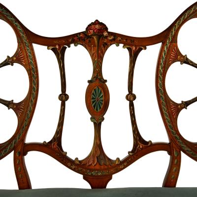  Wright and Mansfield Victorian satinwood wheel back settee in Chippendale style