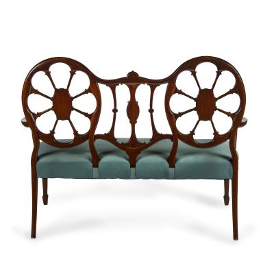  Wright and Mansfield Victorian satinwood wheel back settee in Chippendale style