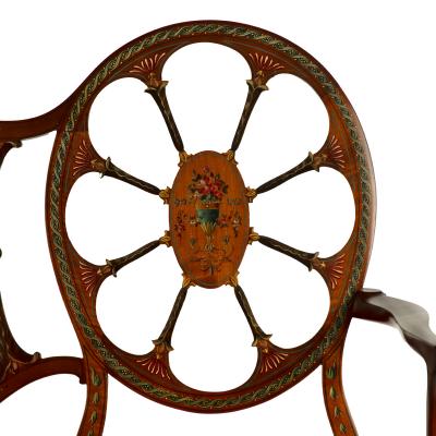  Wright and Mansfield Victorian satinwood wheel back settee in Chippendale style
