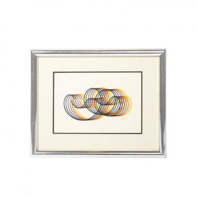  Yaakov Agam Modernist Abstract Lithograph w Multicolor Looping Line Work signed Yaakov Agam