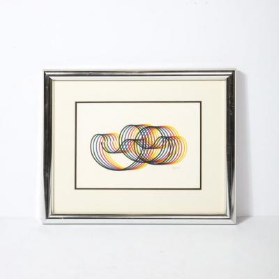  Yaakov Agam Modernist Abstract Lithograph w Multicolor Looping Line Work signed Yaakov Agam