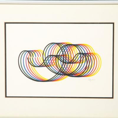  Yaakov Agam Modernist Abstract Lithograph w Multicolor Looping Line Work signed Yaakov Agam