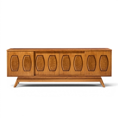  Young Manufacturing Company Young Manufacturing Mid Century Walnut Burlwood Sliding Door Credenza and Hutch