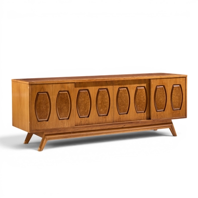  Young Manufacturing Company Young Manufacturing Mid Century Walnut Burlwood Sliding Door Credenza and Hutch