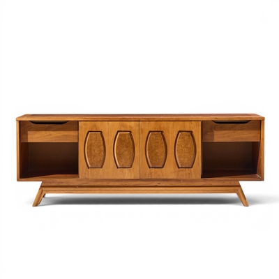  Young Manufacturing Company Young Manufacturing Mid Century Walnut Burlwood Sliding Door Credenza and Hutch