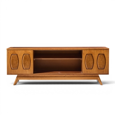 Young Manufacturing Company Young Manufacturing Mid Century Walnut Burlwood Sliding Door Credenza and Hutch