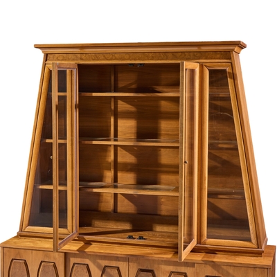  Young Manufacturing Company Young Manufacturing Mid Century Walnut Burlwood Sliding Door Credenza and Hutch