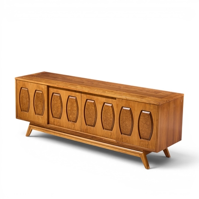  Young Manufacturing Company Young Manufacturing Mid Century Walnut Burlwood Sliding Door Credenza and Hutch
