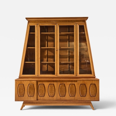  Young Manufacturing Company Young Manufacturing Mid Century Walnut Burlwood Sliding Door Credenza and Hutch