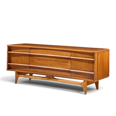  Young Manufacturing Company Young Manufacturing Mid Century Walnut Curved Credenza and Hutch