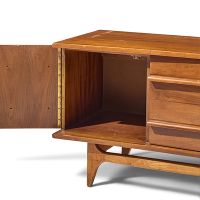  Young Manufacturing Company Young Manufacturing Mid Century Walnut Curved Credenza and Hutch