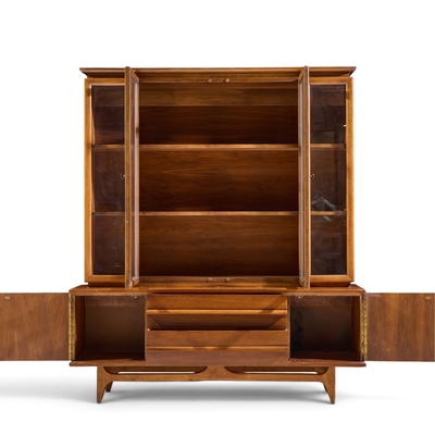  Young Manufacturing Company Young Manufacturing Mid Century Walnut Curved Credenza and Hutch