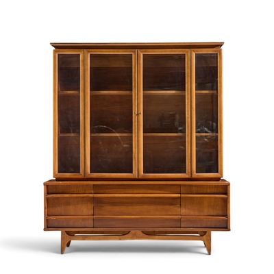  Young Manufacturing Company Young Manufacturing Mid Century Walnut Curved Credenza and Hutch