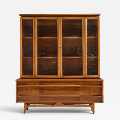  Young Manufacturing Company Young Manufacturing Mid Century Walnut Curved Credenza and Hutch