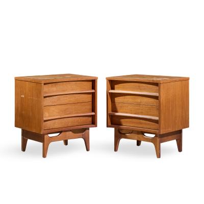  Young Manufacturing Company Young Manufacturing Mid Century Walnut Curved Front Nightstands Pair