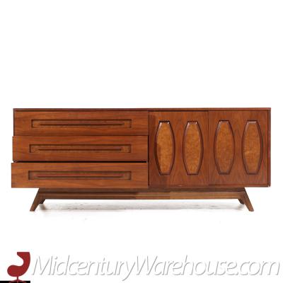  Young Manufacturing Company Young Manufacturing Mid Century Walnut and Burlwood Lowboy Dresser