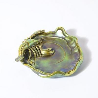  Zsolnay Zsolnay Hungary Eosin Iridescent Green Gold Lobster Snake Hand Painted Dish
