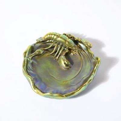  Zsolnay Zsolnay Hungary Eosin Iridescent Green Gold Lobster Snake Hand Painted Dish