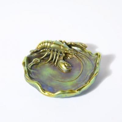  Zsolnay Zsolnay Hungary Eosin Iridescent Green Gold Lobster Snake Hand Painted Dish