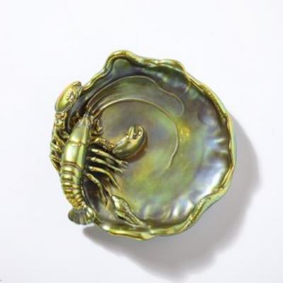  Zsolnay Zsolnay Hungary Eosin Iridescent Green Gold Lobster Snake Hand Painted Dish