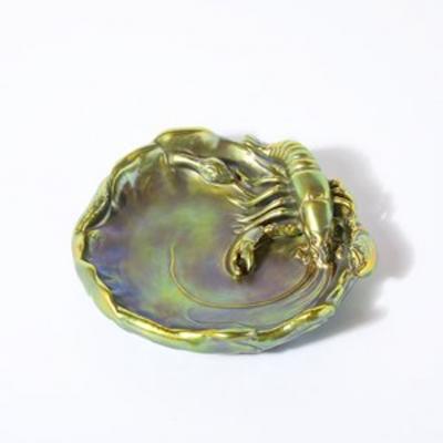  Zsolnay Zsolnay Hungary Eosin Iridescent Green Gold Lobster Snake Hand Painted Dish