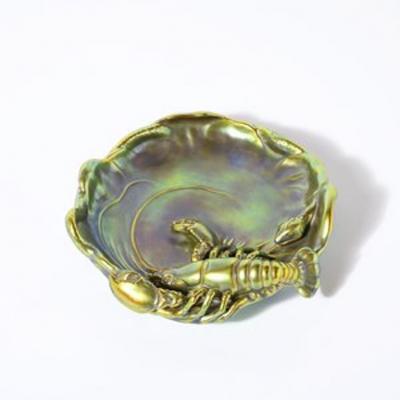  Zsolnay Zsolnay Hungary Eosin Iridescent Green Gold Lobster Snake Hand Painted Dish