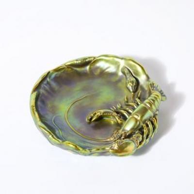  Zsolnay Zsolnay Hungary Eosin Iridescent Green Gold Lobster Snake Hand Painted Dish