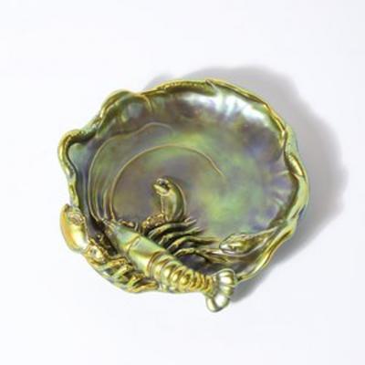  Zsolnay Zsolnay Hungary Eosin Iridescent Green Gold Lobster Snake Hand Painted Dish