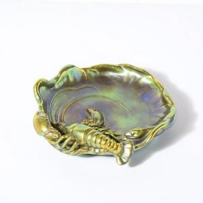  Zsolnay Zsolnay Hungary Eosin Iridescent Green Gold Lobster Snake Hand Painted Dish