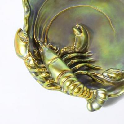  Zsolnay Zsolnay Hungary Eosin Iridescent Green Gold Lobster Snake Hand Painted Dish