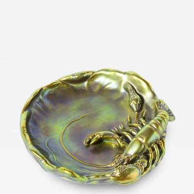  Zsolnay Zsolnay Hungary Eosin Iridescent Green Gold Lobster Snake Hand Painted Dish