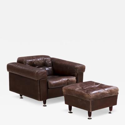  de Sede 1970s Swiss Leather Lounge Chair Ottoman in the Style of De Sede