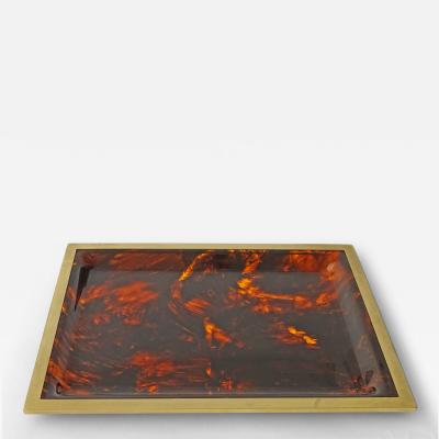  iGuzzini Harvey Guzzini Guzzini Faux tortoise lucite serving tray in a brass frame Italy 1970s