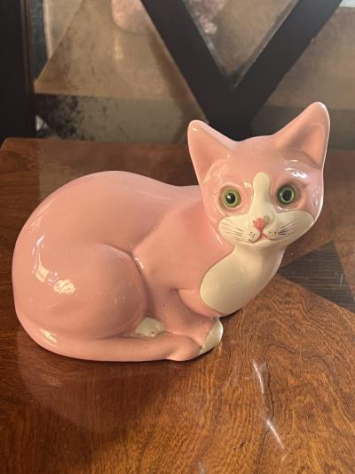 mile Gall ART DECO PINK AND WHITE CERAMIC CATS WITH GREEN GLASS EYES