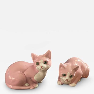  mile Gall ART DECO PINK AND WHITE CERAMIC CATS WITH GREEN GLASS EYES