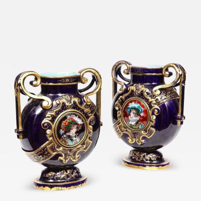  mile Gall Rare Pair of Emile Galle Cobalt Blue Porcelain and Limoges Enamel Portrait Vases
