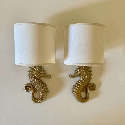  mile Guillemard Guillemard Bronze Seahorse Wall Lamps circa 1940