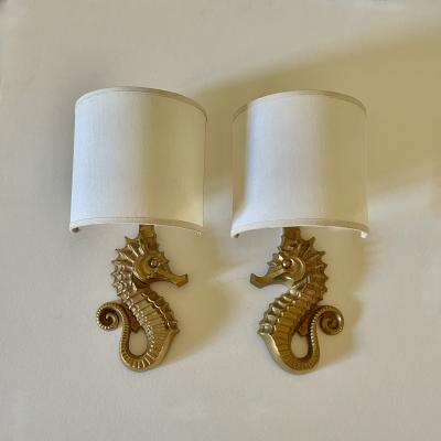  mile Guillemard Guillemard Bronze Seahorse Wall Lamps circa 1940
