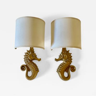  mile Guillemard Guillemard Bronze Seahorse Wall Lamps circa 1940